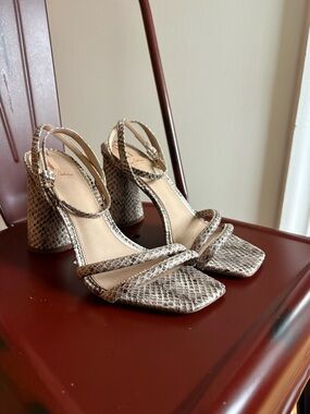 Sam Edelman Beige Snake-Print Block Heel Sandals